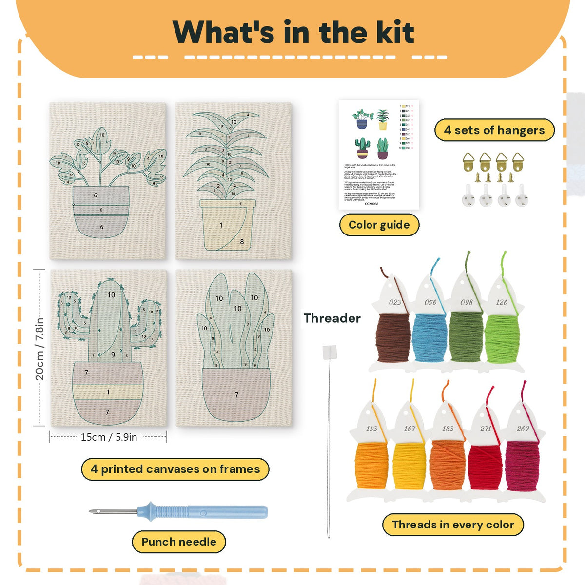 What is in the Leafy Houseplants set: 4 printed canvases, punch needle, threader, threads, color guide and 4 sets of hangers (6 × 8 in (15 × 20 cm) each)