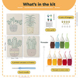 What is in the Leafy Houseplants set: 4 printed canvases, punch needle, threader, threads, color guide and 4 sets of hangers (6 × 8 in (15 × 20 cm) each)