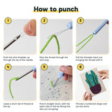 Six steps showing how to thread and use the punch needle