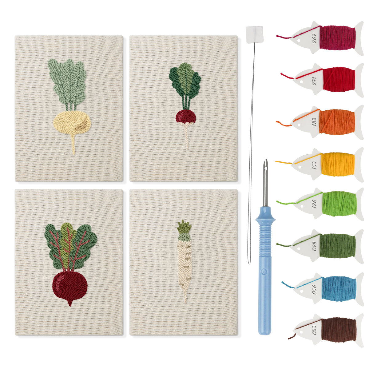 Leafy Root Veggies mini punch needle kit set: four finished canvases with threads, punch needle and threader