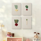 The four Leafy Root Veggies mini canvases on a wall above a shelf