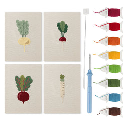 Leafy Root Veggies mini punch needle kit set: four finished canvases with threads, punch needle and threader