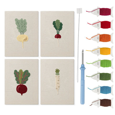 Leafy Root Veggies mini punch needle kit set: four finished canvases with threads, punch needle and threader