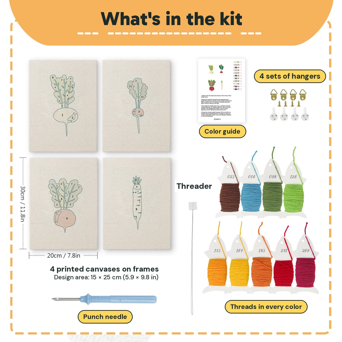 What is in the Leafy Root Veggies set, 8 × 12 in (20 × 30 cm) each: 4 printed canvases, punch needle, threader, threads, color guide and 4 sets of hangers