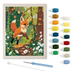 Leaping Fox Cub punch needle kit: finished canvas with threads, punch needle and threader