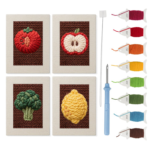 Lemon and Broccoli mini punch needle kit set: four finished canvases with threads, punch needle and threader