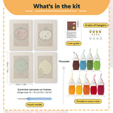 What is in the Lemon and Broccoli set: 4 printed canvases, punch needle, threader, threads, color guide and 4 sets of hangers (6 × 8 in (15 × 20 cm) each)