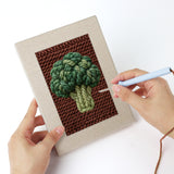 Punching a Lemon and Broccoli mini canvas with the punch needle