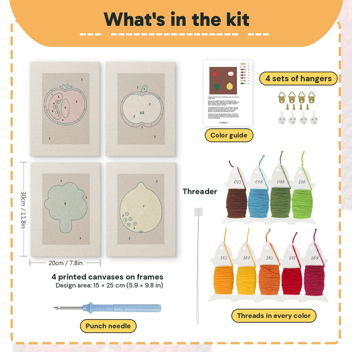 What is in the Lemon and Broccoli set, 8 × 12 in (20 × 30 cm) each: 4 printed canvases, punch needle, threader, threads, color guide and 4 sets of hangers