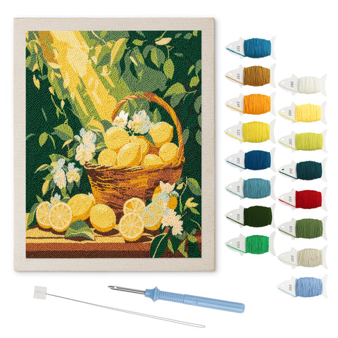 Lemon Basket punch needle kit: finished canvas with threads, punch needle and threader