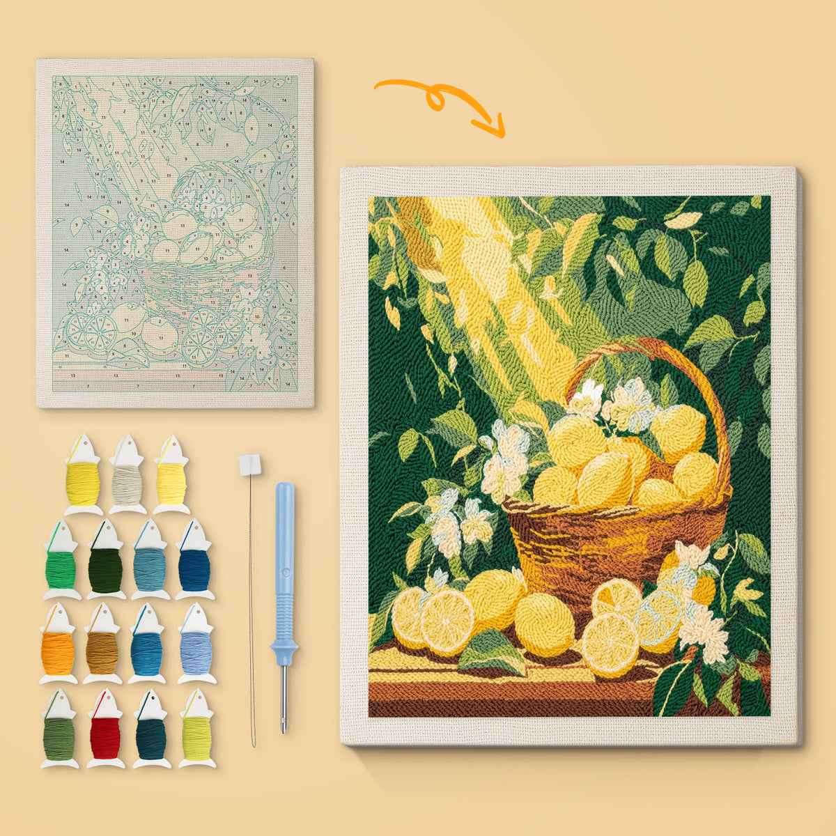 Lemon Basket canvas before and after punching, with the threads and tools