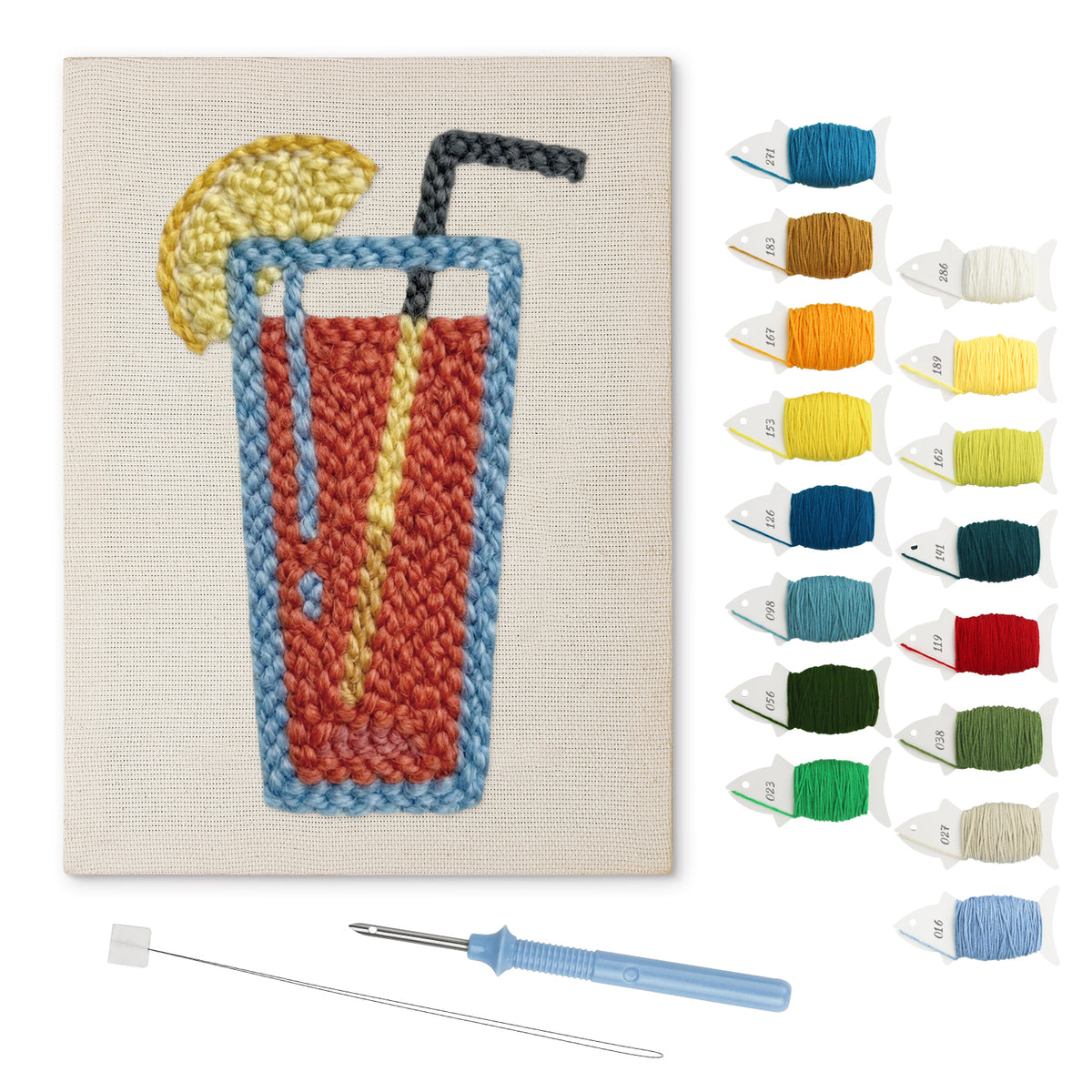 Lemon Iced Cooler punch needle kit: finished canvas with threads, punch needle and threader