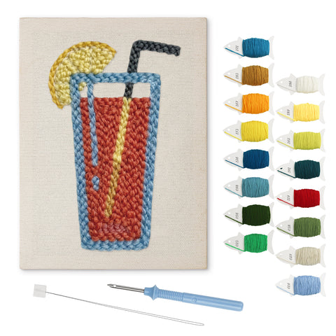 Lemon Iced Cooler punch needle kit: finished canvas with threads, punch needle and threader