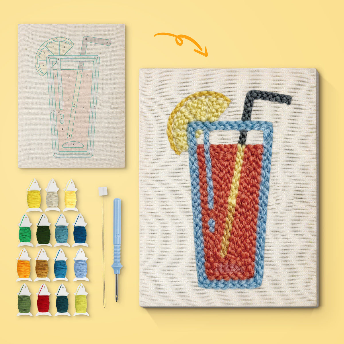 Lemon Iced Cooler canvas before and after punching, with the threads and tools