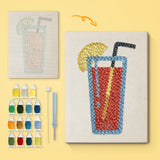 Lemon Iced Cooler canvas before and after punching, with the threads and tools
