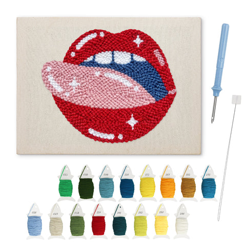 Licking Red Lips punch needle kit: finished canvas with threads, punch needle and threader