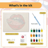 What is in the Licking Red Lips kit: printed canvas, punch needle, threader, threads, color guide and hangers