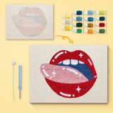 Licking Red Lips canvas before and after punching, with the threads and tools