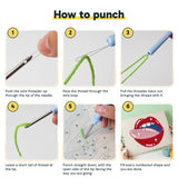 Six steps showing how to thread and use the punch needle