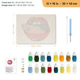 Licking Red Lips punch needle kit, 12 × 16 in (30 × 40 cm): canvas size and kit contents