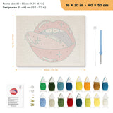 Licking Red Lips punch needle kit, 16 × 20 in (40 × 50 cm): canvas size and kit contents