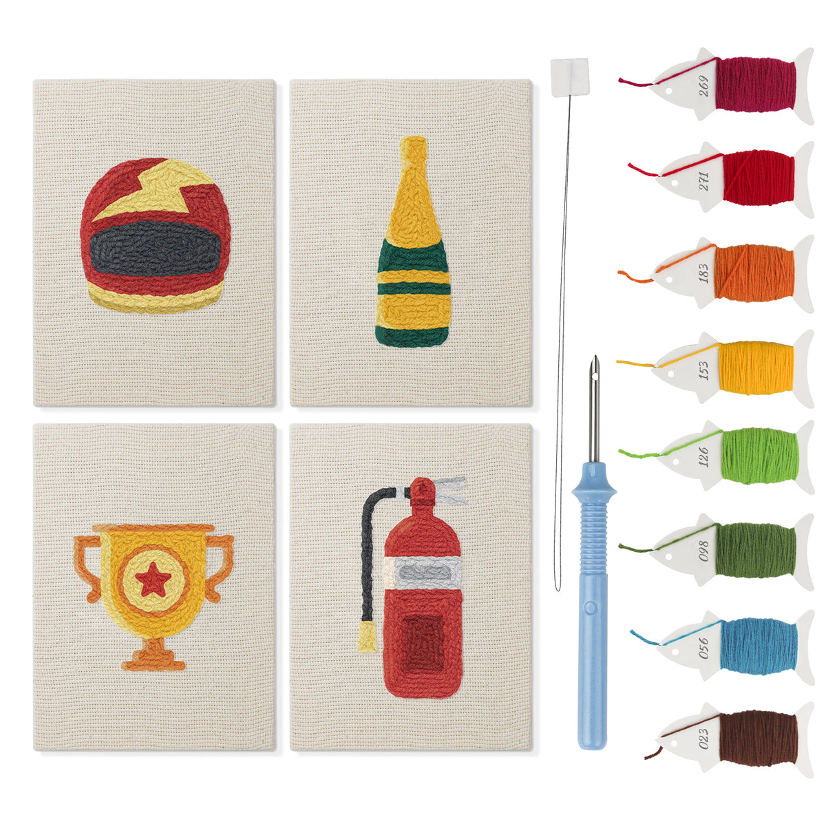 Lightning Helmet mini punch needle kit set: four finished canvases with threads, punch needle and threader