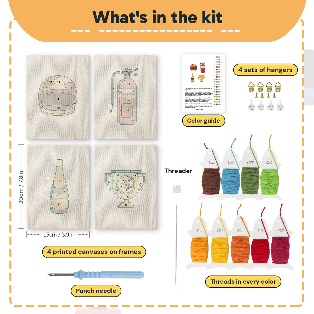 What is in the Lightning Helmet set: 4 printed canvases, punch needle, threader, threads, color guide and 4 sets of hangers (6 × 8 in (15 × 20 cm) each)