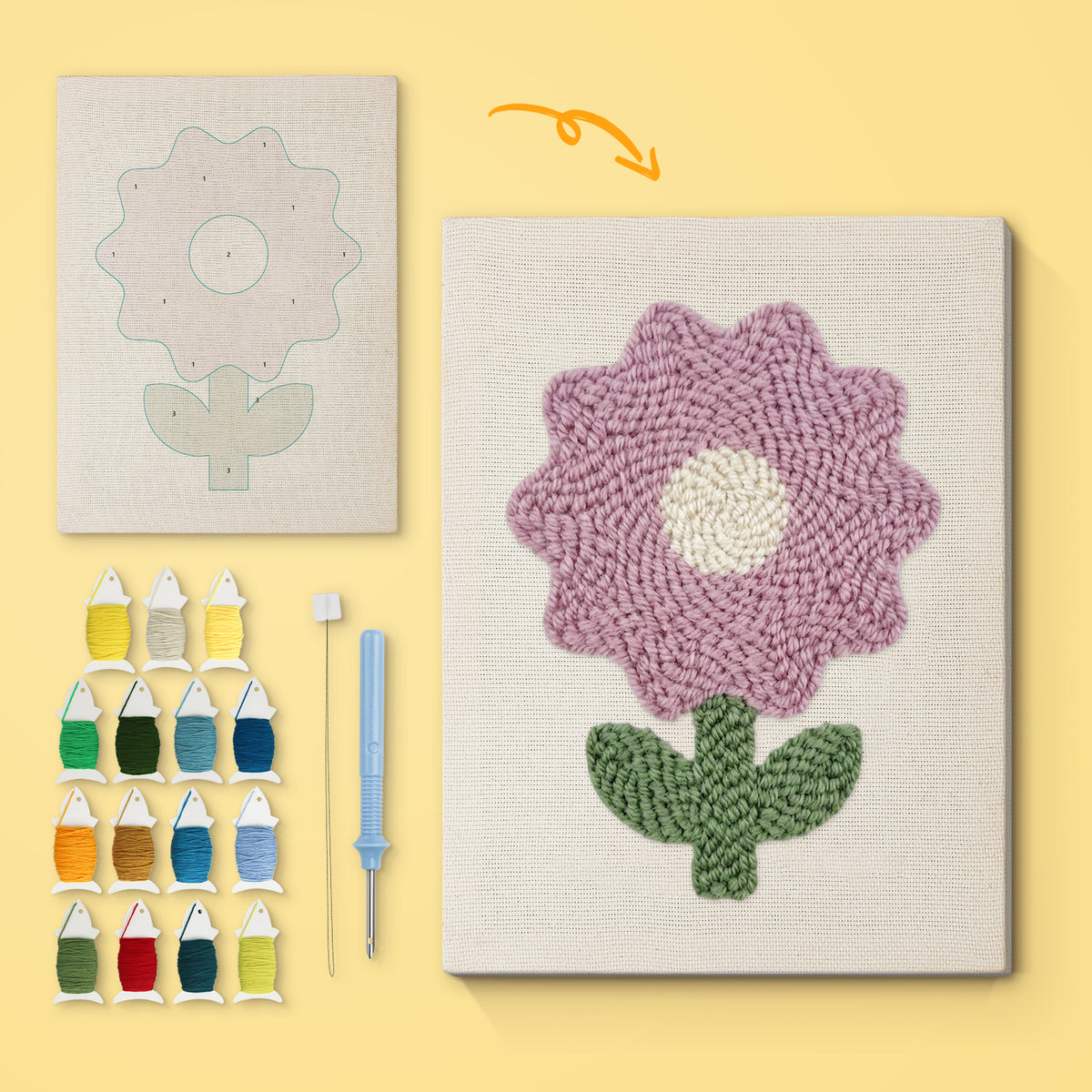 Lilac Bloom canvas before and after punching, with the threads and tools