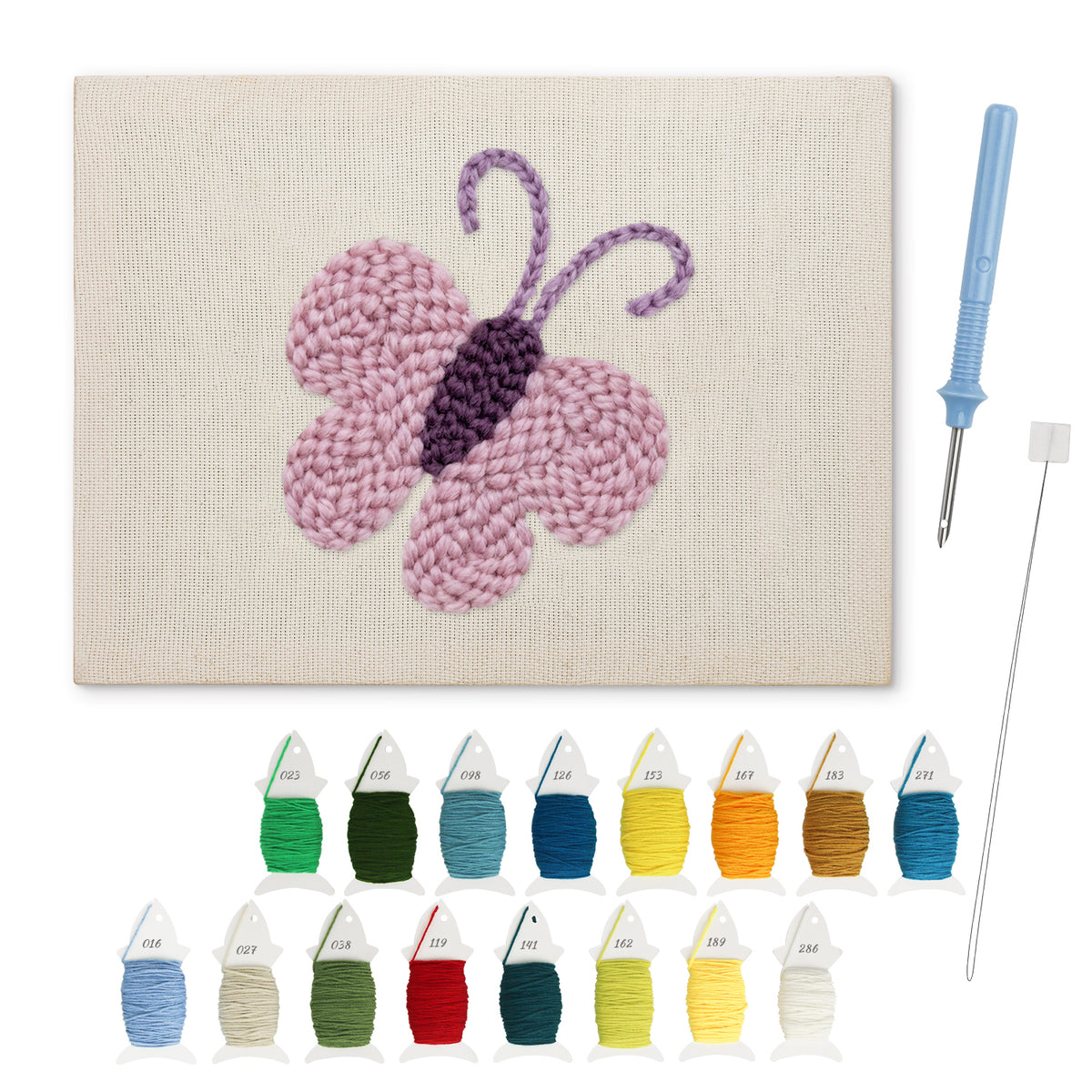 Lilac Butterfly punch needle kit: finished canvas with threads, punch needle and threader