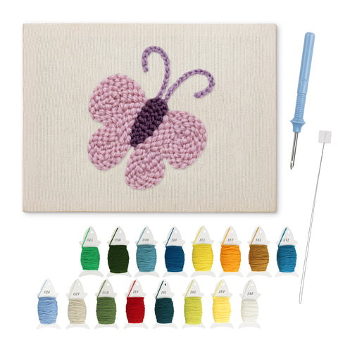 Lilac Butterfly punch needle kit: finished canvas with threads, punch needle and threader