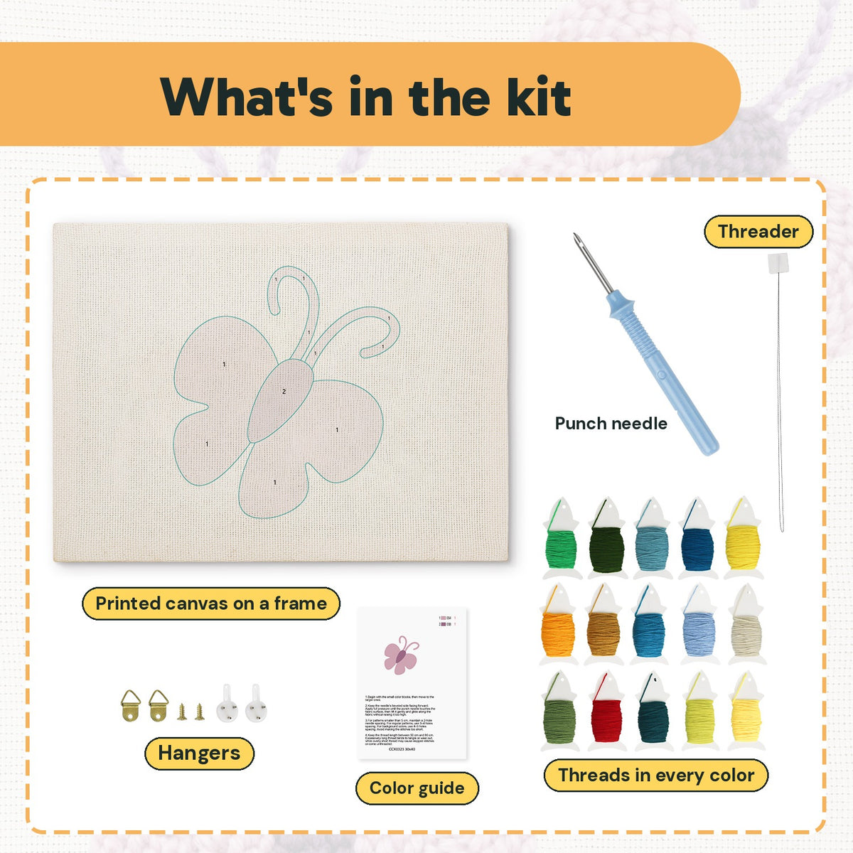 What is in the Lilac Butterfly kit: printed canvas, punch needle, threader, threads, color guide and hangers