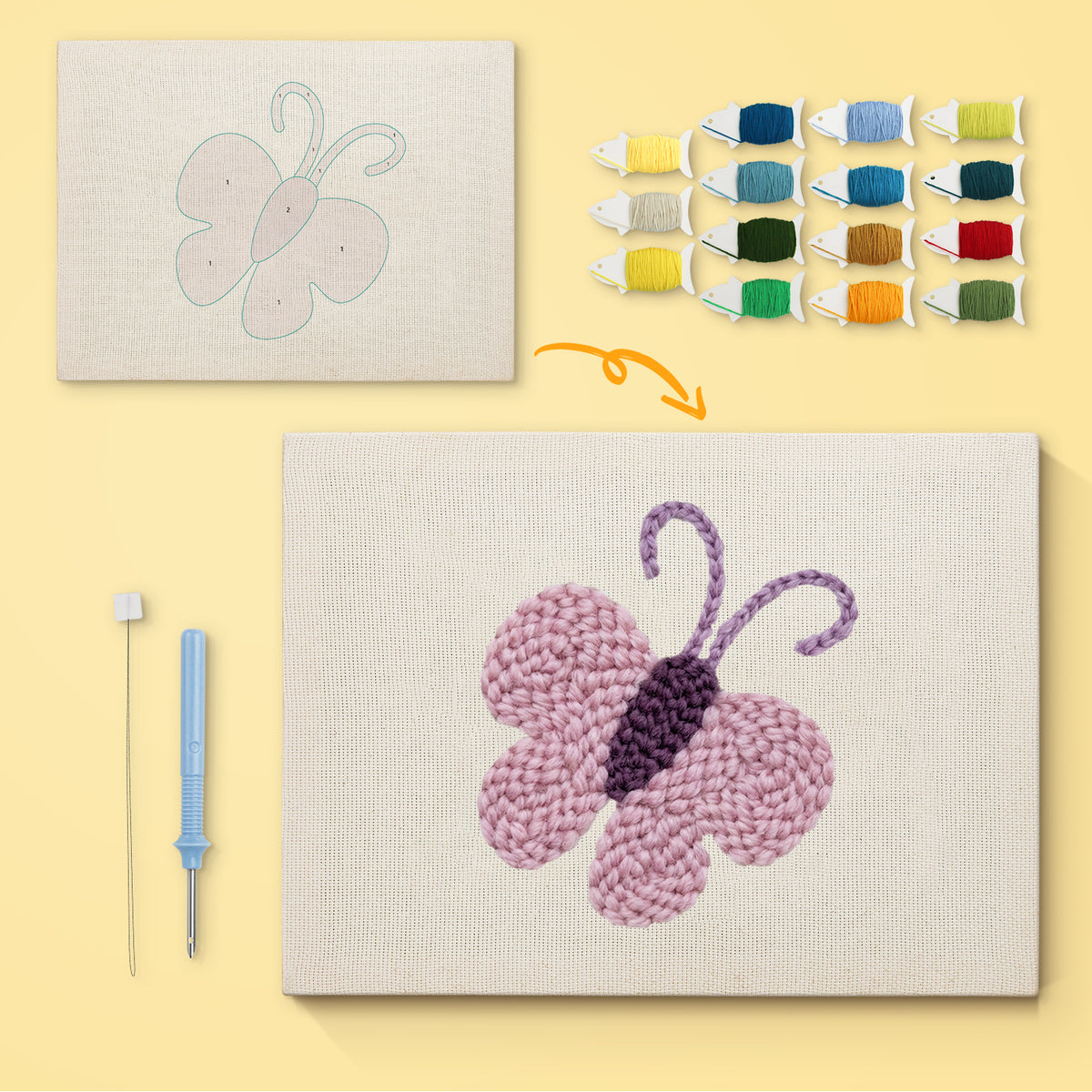 Lilac Butterfly canvas before and after punching, with the threads and tools