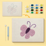 Lilac Butterfly canvas before and after punching, with the threads and tools