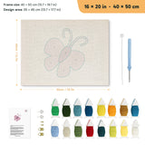 Lilac Butterfly punch needle kit, 16 × 20 in (40 × 50 cm): canvas size and kit contents
