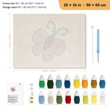 Lilac Butterfly punch needle kit, 20 × 24 in (50 × 60 cm): canvas size and kit contents