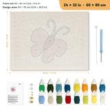 Lilac Butterfly punch needle kit, 24 × 32 in (60 × 80 cm): canvas size and kit contents