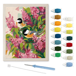 Lilac Chickadees punch needle kit: finished canvas with threads, punch needle and threader