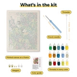 What is in the Lilac Chickadees kit: printed canvas, punch needle, threader, threads, color guide and hangers