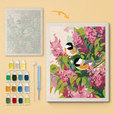 Lilac Chickadees canvas before and after punching, with the threads and tools