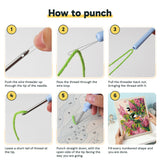 Six steps showing how to thread and use the punch needle