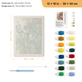 Lilac Chickadees punch needle kit, 12 × 16 in (30 × 40 cm): canvas size and kit contents