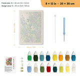 Lilac Chickadees punch needle kit, 8 × 12 in (20 × 30 cm): canvas size and kit contents