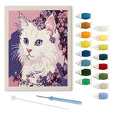 Lilac White Cat punch needle kit: finished canvas with threads, punch needle and threader