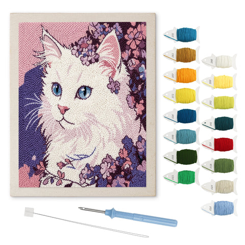 Lilac White Cat punch needle kit: finished canvas with threads, punch needle and threader