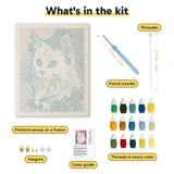 What is in the Lilac White Cat kit: printed canvas, punch needle, threader, threads, color guide and hangers