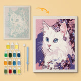 Lilac White Cat canvas before and after punching, with the threads and tools
