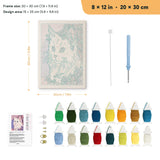 Lilac White Cat punch needle kit, 8 × 12 in (20 × 30 cm): canvas size and kit contents