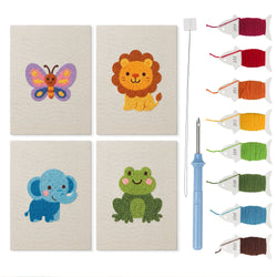 Lion and Friends mini punch needle kit set: four finished canvases with threads, punch needle and threader
