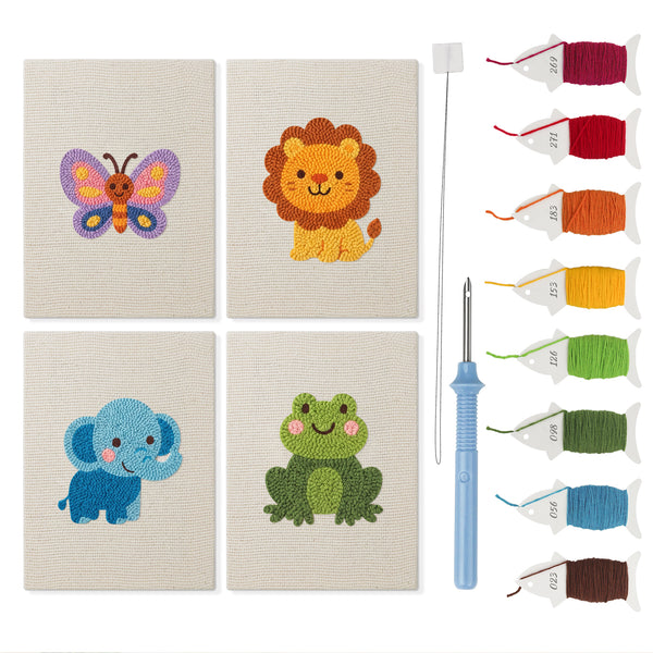Lion and Friends mini punch needle kit set: four finished canvases with threads, punch needle and threader