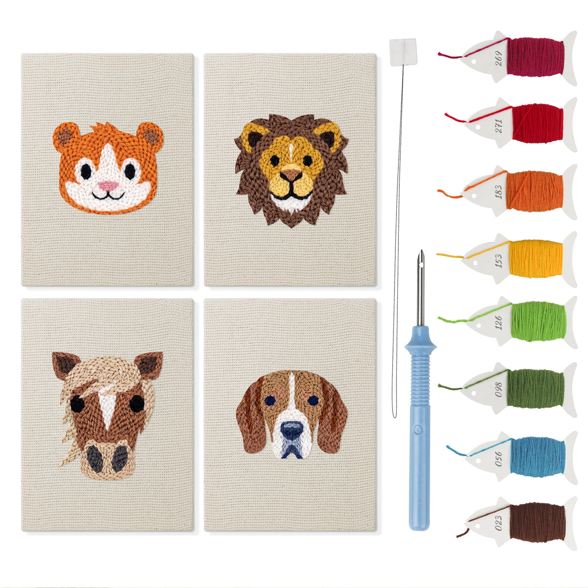 Lion and Hamster mini punch needle kit set: four finished canvases with threads, punch needle and threader